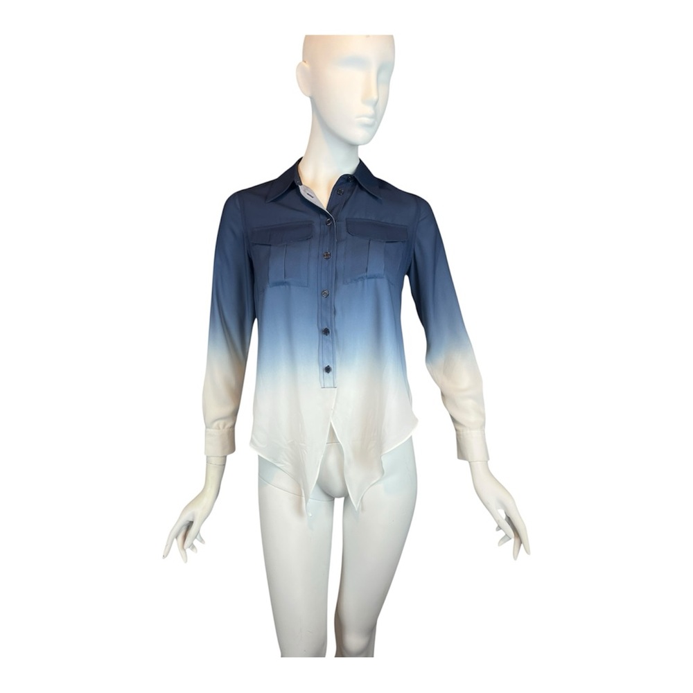 Inc Silky Blouse Size 0P Ombre Blues White Tie at Waist Blouse Button Front